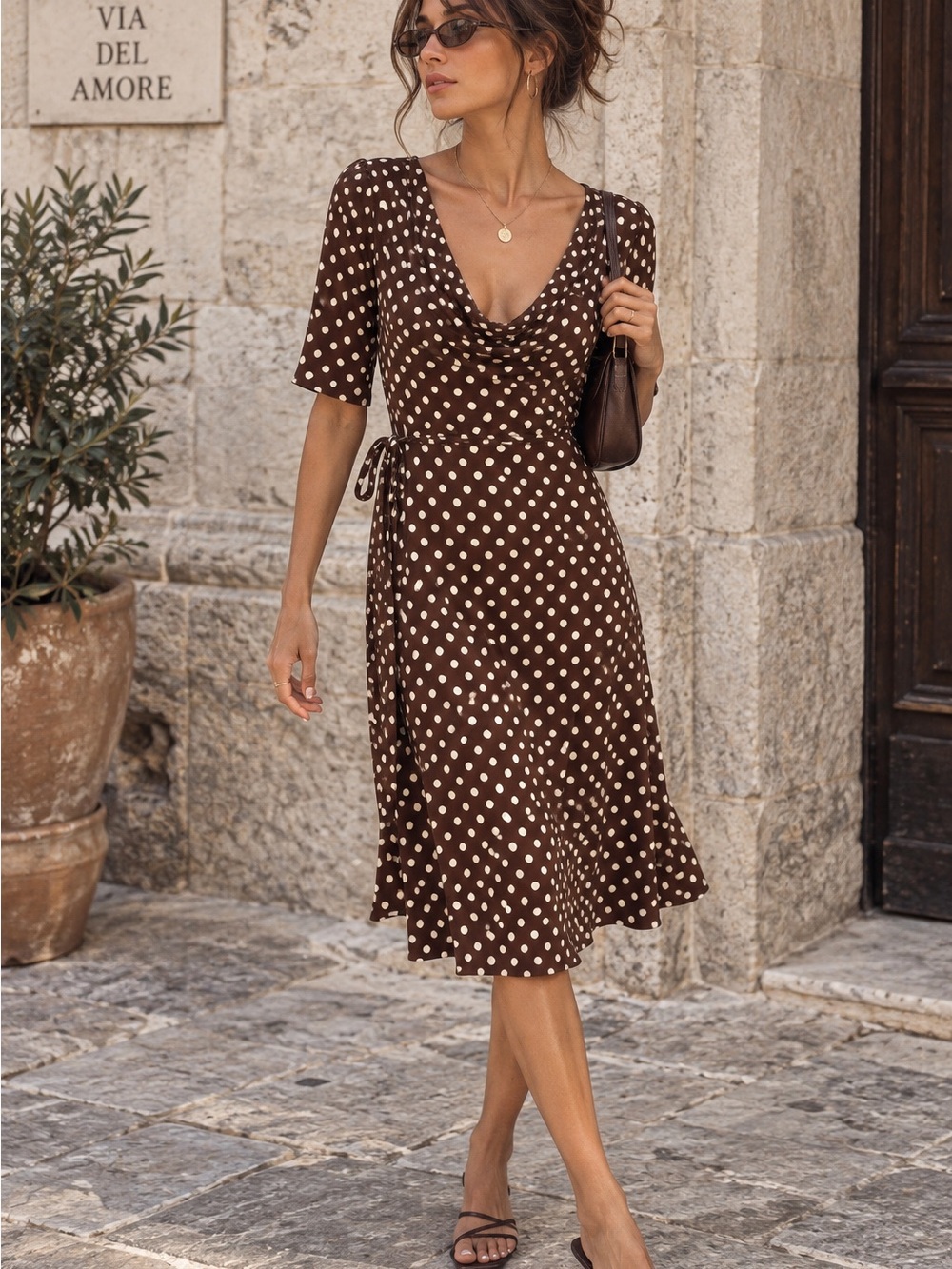 Majora 90s Y2K Vintage Polka Dot Midi Dress Brown XL Cowl Neck Retro Cocktail